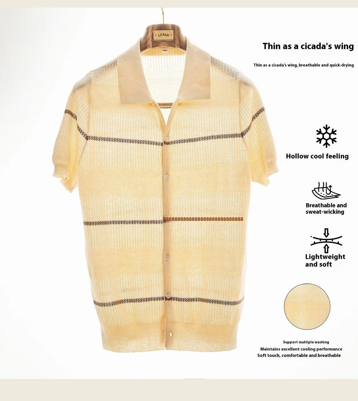Camel coloured lapel collar short sleeve knitted cardigan on a hanger
