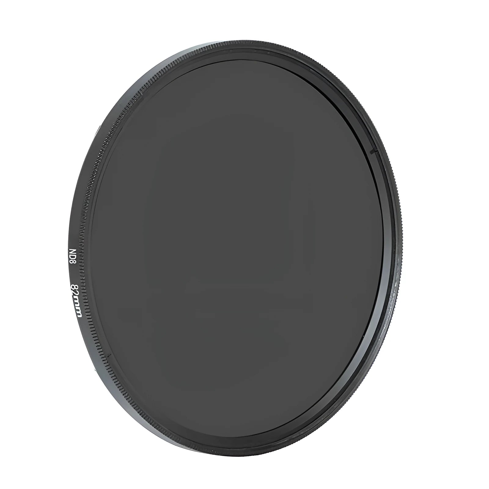 ND8 camera lens filter with aviation aluminium frame shown next to a camera lens