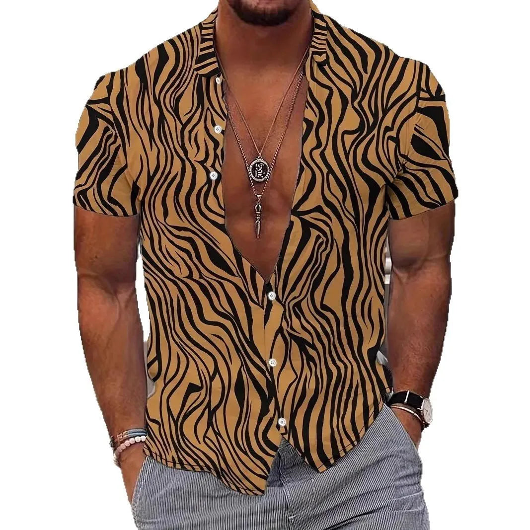 Men's slim-fit short sleeve shirt with geometric line pattern on lapel, in a selection of colours.