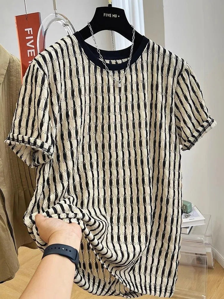 Men's black striped casual shirt with loose fit and short sleeves in silk linen blend fabric
