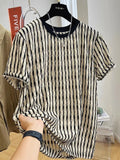Men's black striped casual shirt with loose fit and short sleeves in silk linen blend fabric