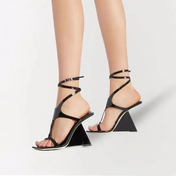 Women's black square-toe high heel sandals with 9.5cm heel and button fastening