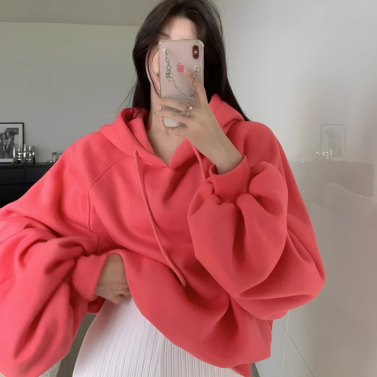 Women's watermelon red mulberry silk hooded sweater with sleeveless loose pullover design