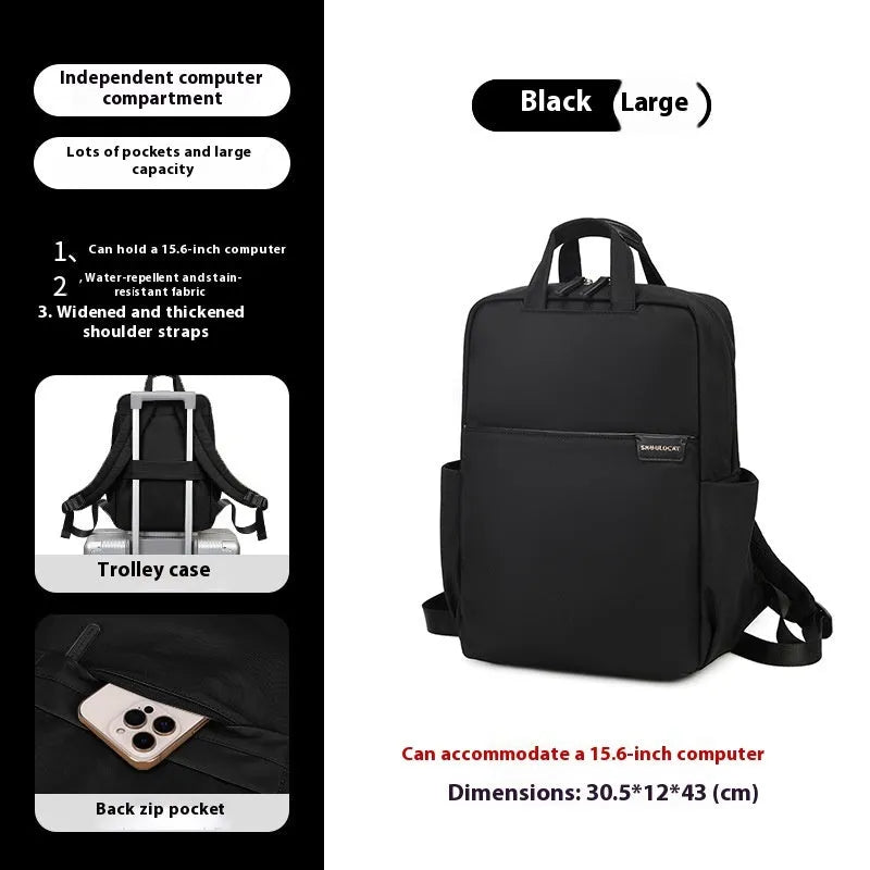 Large canvas travel backpack in apricot colour showing external pocket and urban style.
