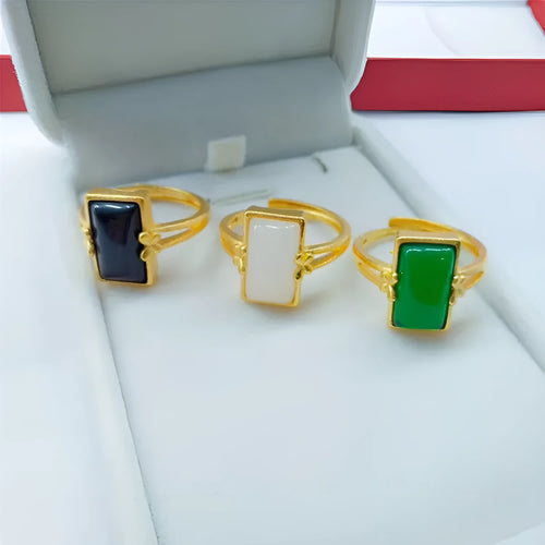 Adjustable brass electroplated ring with gold plating and embedded gemstones in black, green or white options