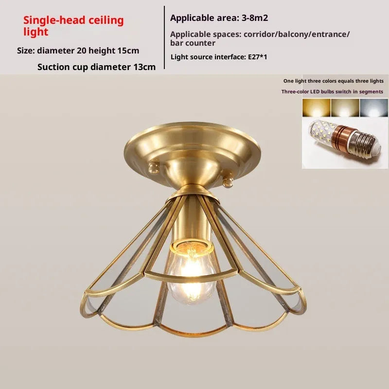 Pure copper ceiling lamp, small American style, 220V, copper finish 1138 or W302, for bedroom study corridor