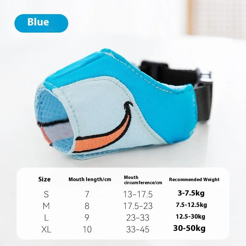 Canvas dog mouth cover muzzle in Bondi Blue Shark colour showing four available sizes