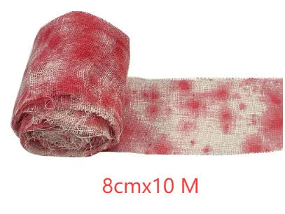 Red and white polyester Halloween horror bandage showing 8cm width and rolled length