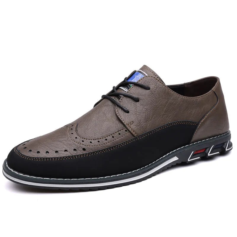 Men's leather casual shoes in black, grey, khaki, or orange with rubber sole and low-top design