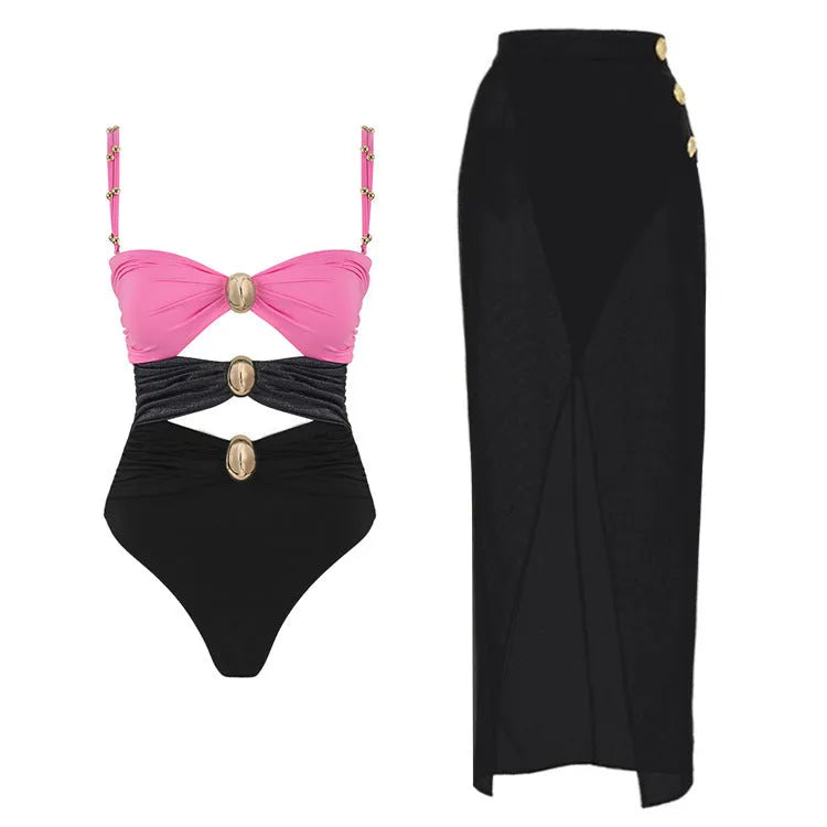 Women's one-piece swimsuit with detachable skirt and gold button decoration in solid colour