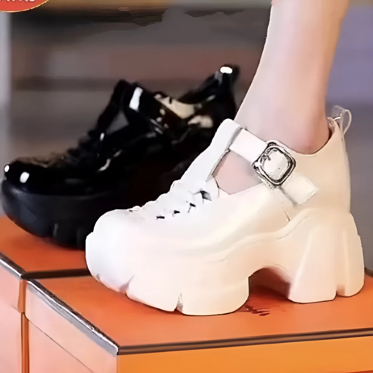 Women's satin pumps with skull pattern, chunky wedge heel, and closed toe in black or creamy-white