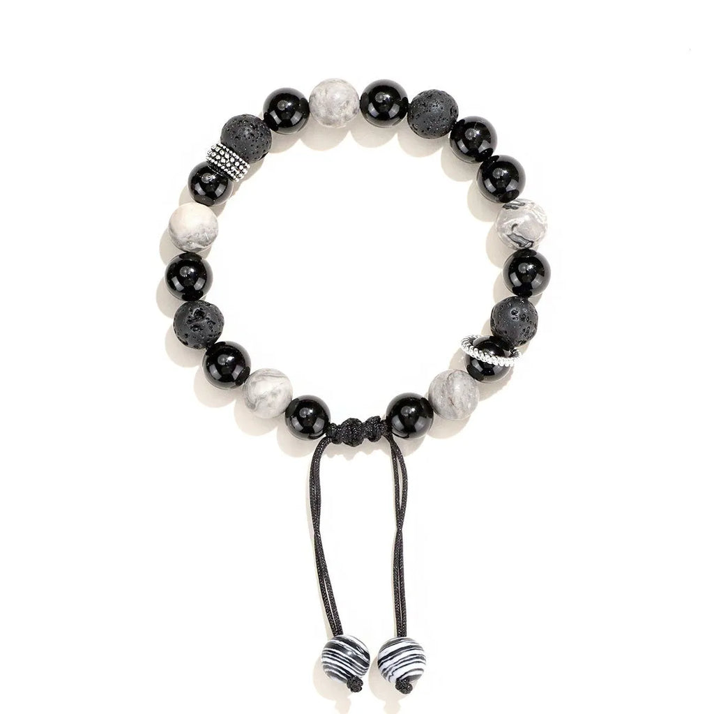 Black agate map stone and volcanic rock bracelet with diamond shaped beads in 8mm and 10mm sizes.