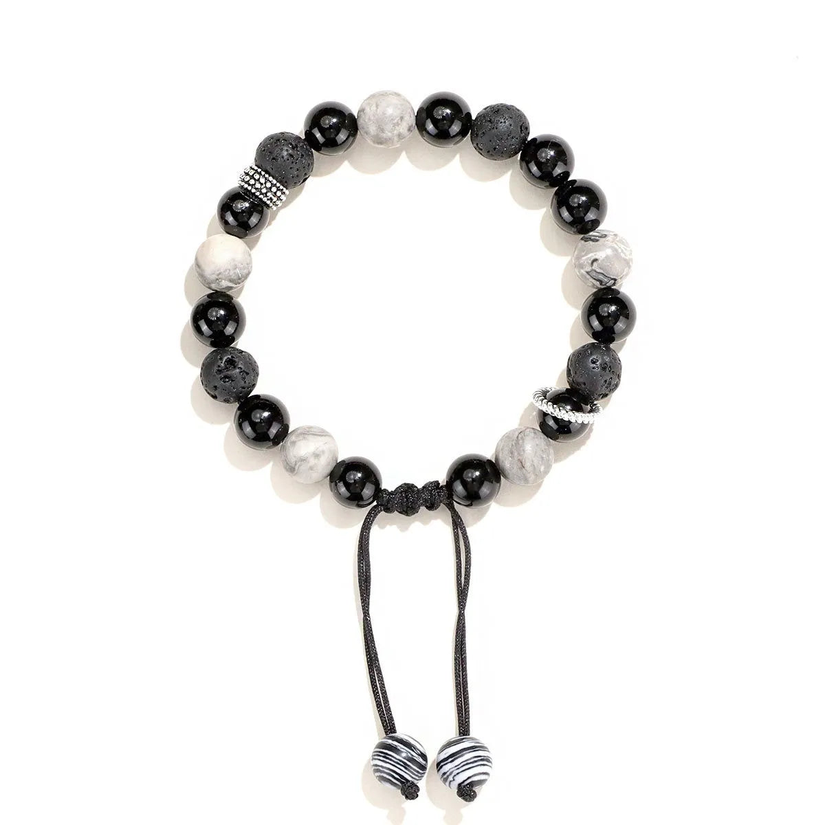 Black agate map stone and volcanic rock bracelet with diamond shaped beads in 8mm and 10mm sizes.