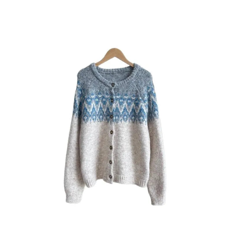 Women's loose fit jacquard sweater coat with contrast colour panels in beige, brown, or navy.