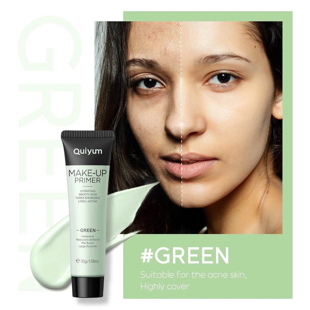 30g colour-correcting make-up primer in green, pink, and purple shades with colour box packaging
