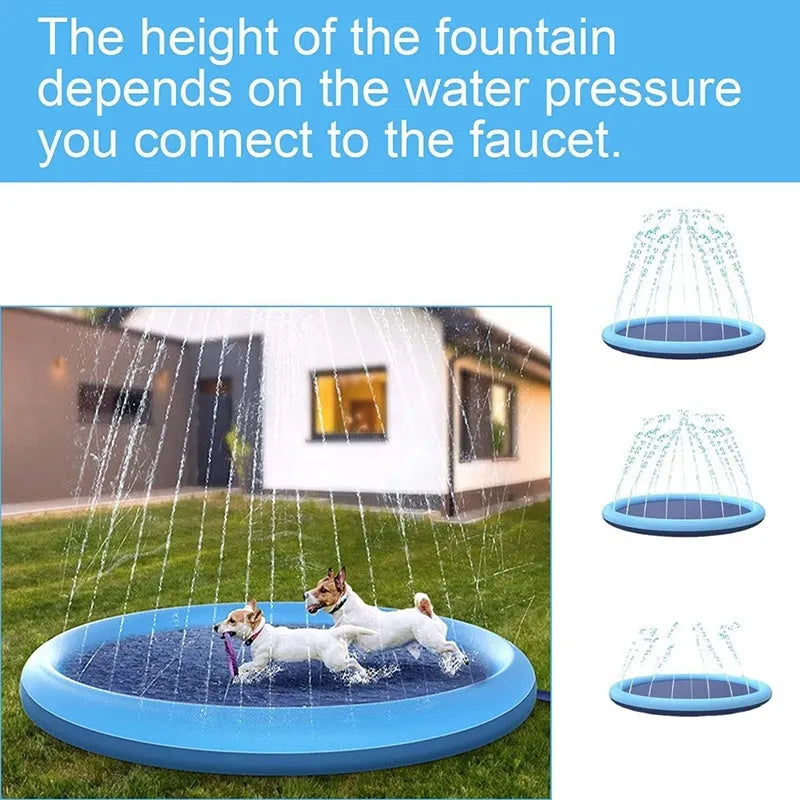 A large, round blue dog splash pad with a textured surface, filled with shallow water, sitting on a green lawn.