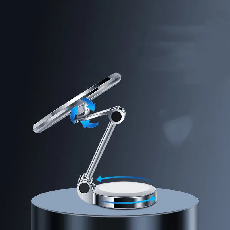 Black car phone holder with magnetic clip fixation mounted on instrument panel showing 360-degree rotation