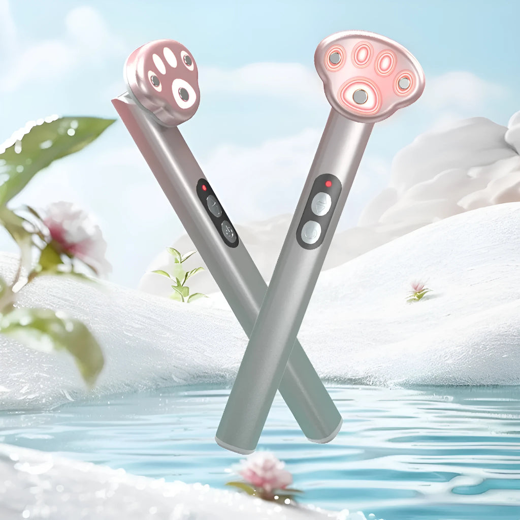 Gradient pink eye massager with micro-current vibration and colour light therapy functions