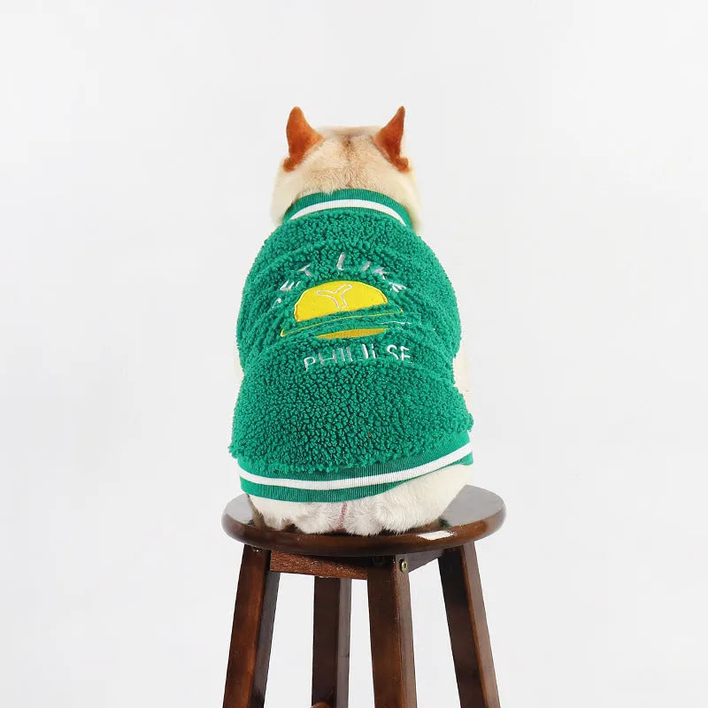Green fleece-lined cotton winter coat for large dogs on a white background