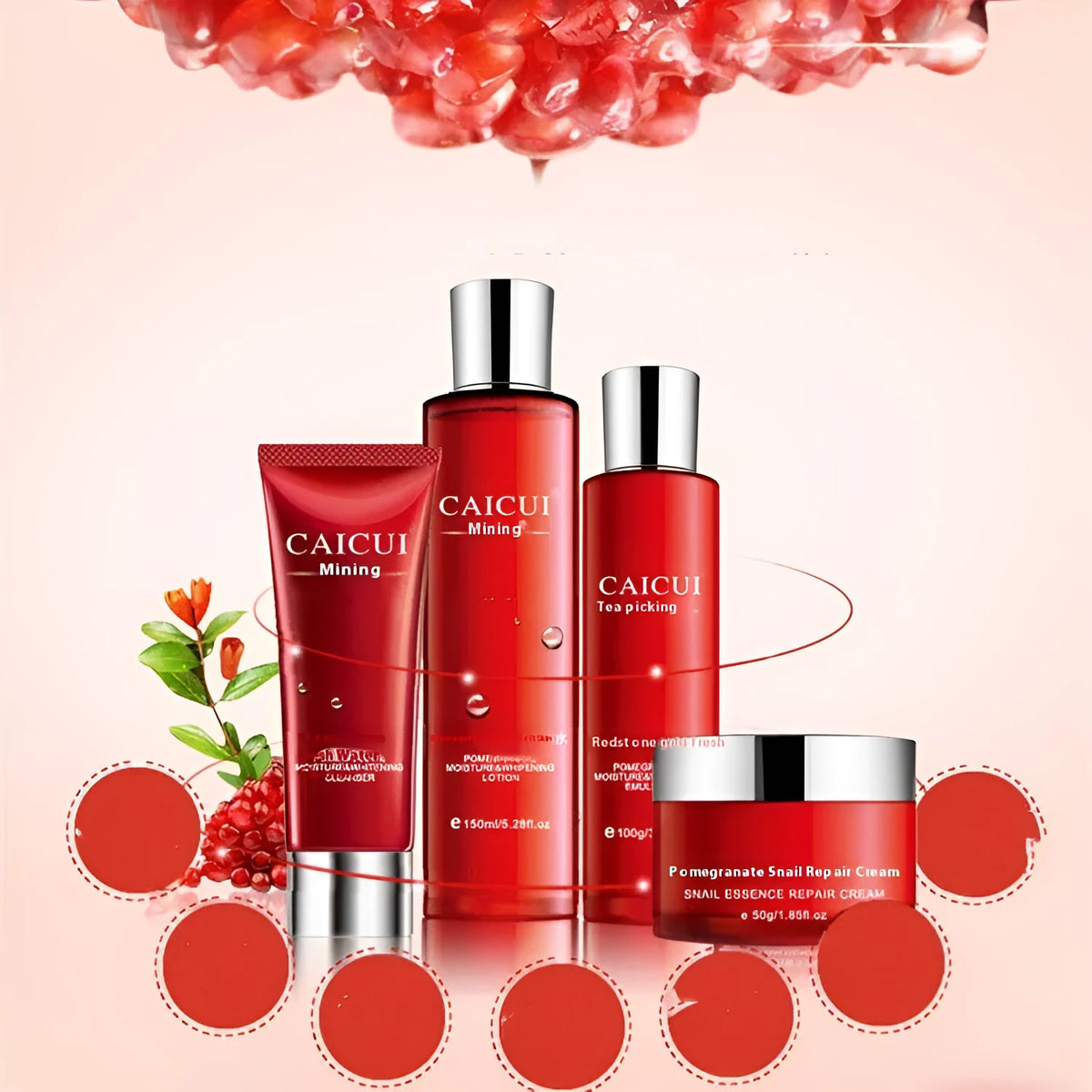 Pomegranate skin care set with four red packaged products: face wash, toner, lotion, and facial cream