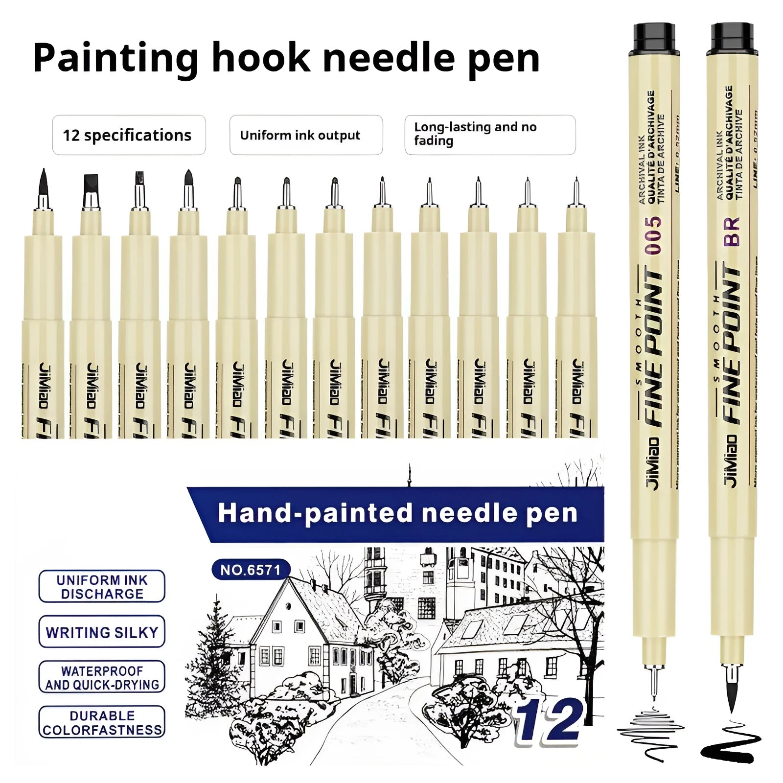 Syringe-style needle pen with hand-drawn hook line art and cartoon details on plastic body.