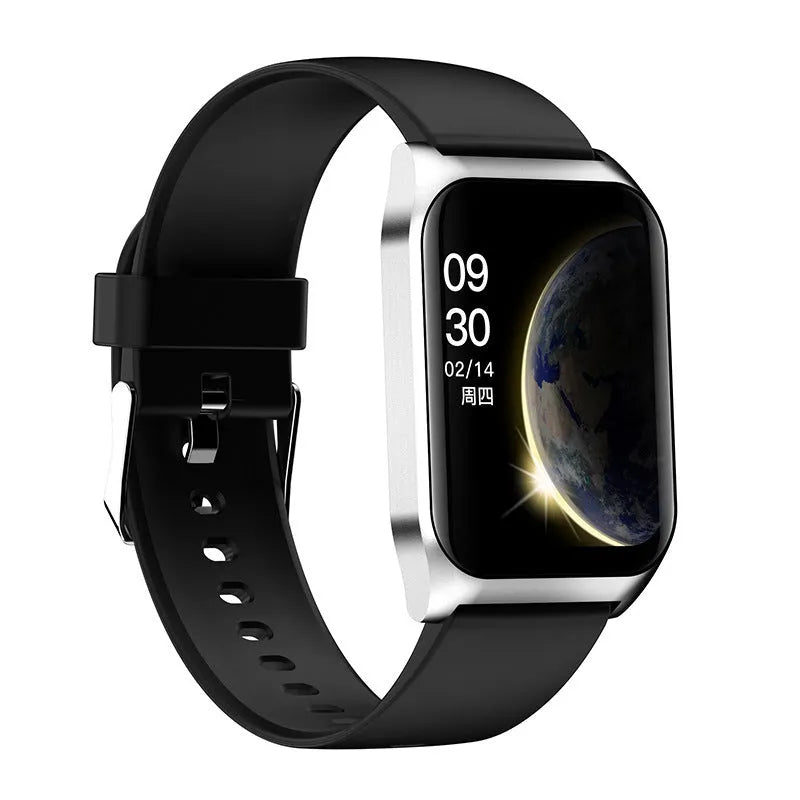 Smart watch with 1.69-inch screen showing heart rate display on silicone wristband