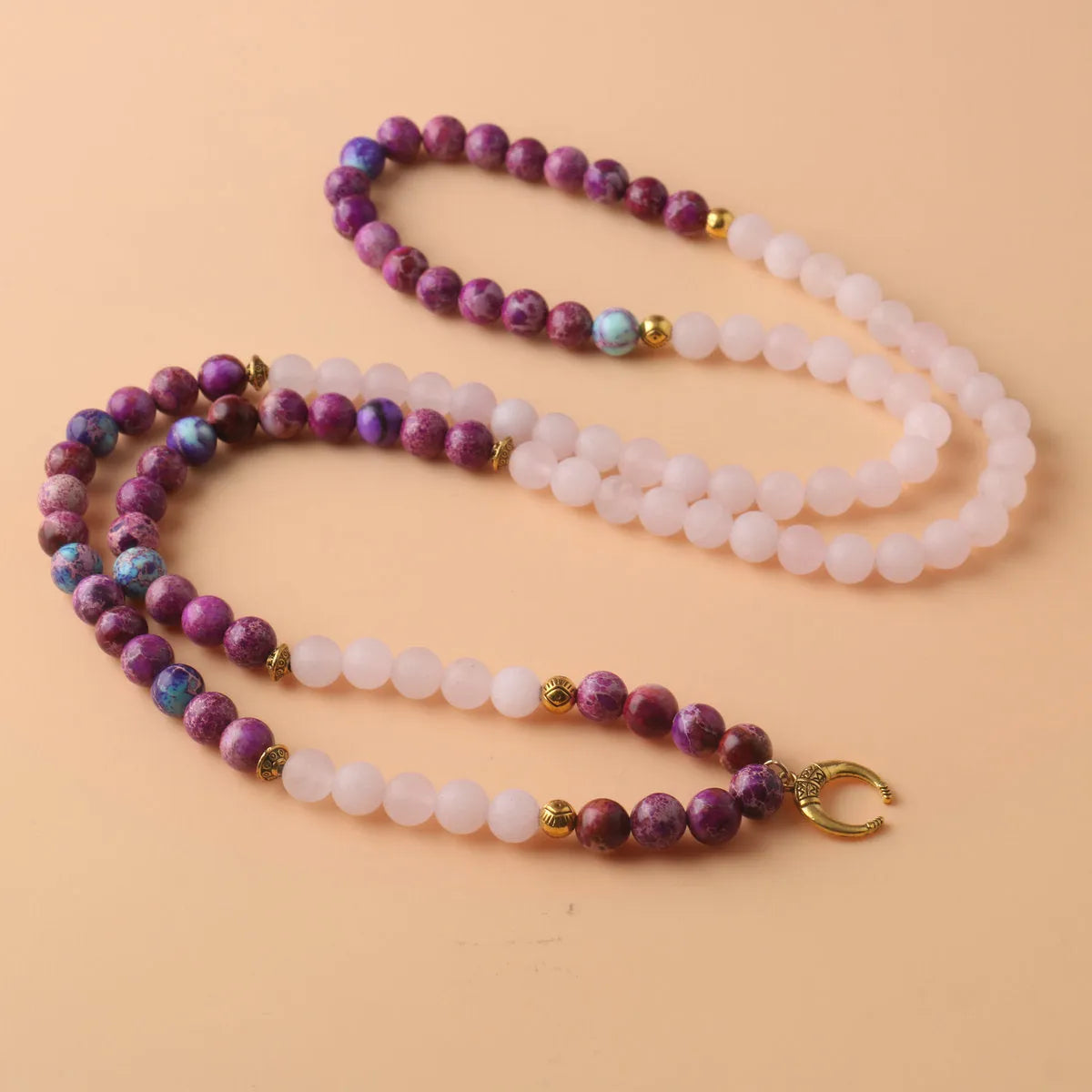 Pink crystal emperor stone beads pendant necklace with round elements on chain