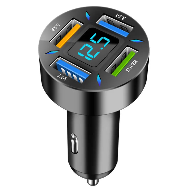 Black four-port USB car charger with LED digital display plugged into a vehicle socket.