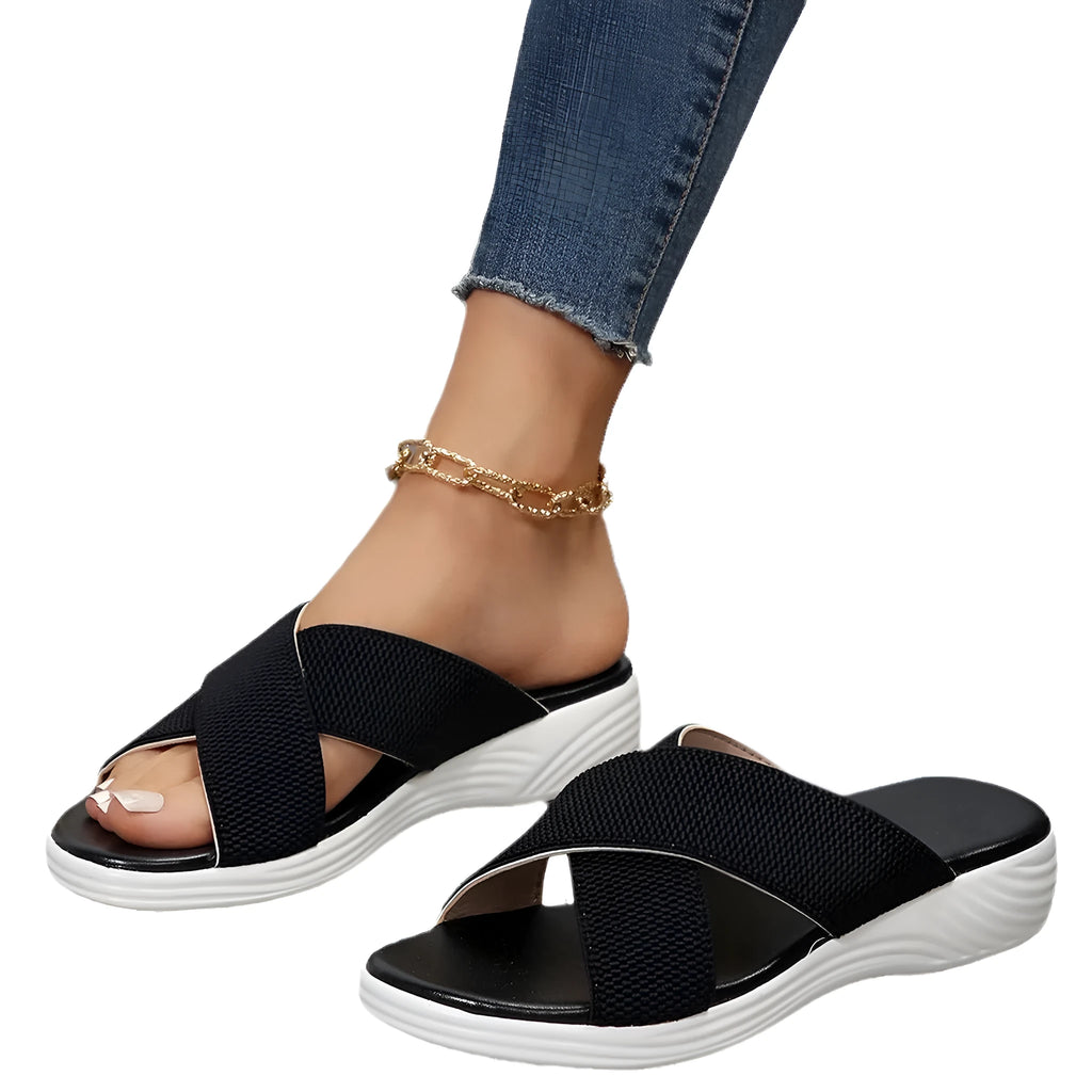 Women's black wedge summer slippers with peep-toe design and thick rubber sole