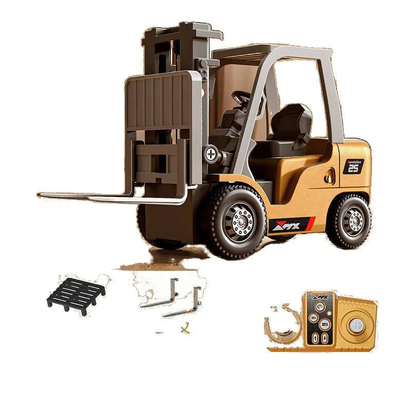 A detailed grey alloy remote control forklift toy with a black cargo hook and pallet on a white background.