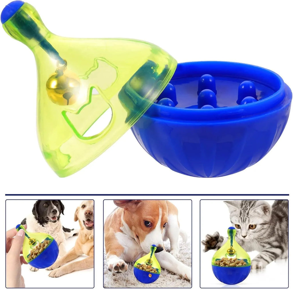 Interactive pet treat dispenser tumbler toy for dogs and cats showing dimensions