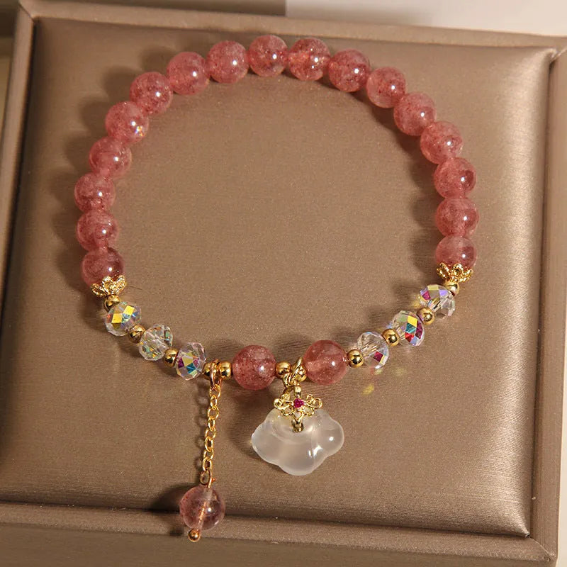 Women's adjustable strawberry quartz crystal bracelet with white agate stones and auspicious cloud charm
