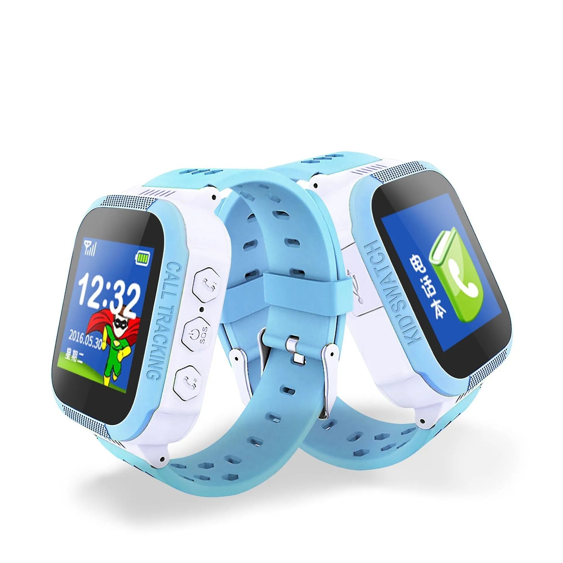 Blue children's phone watch with 1.44-inch IPS colour screen showing time display