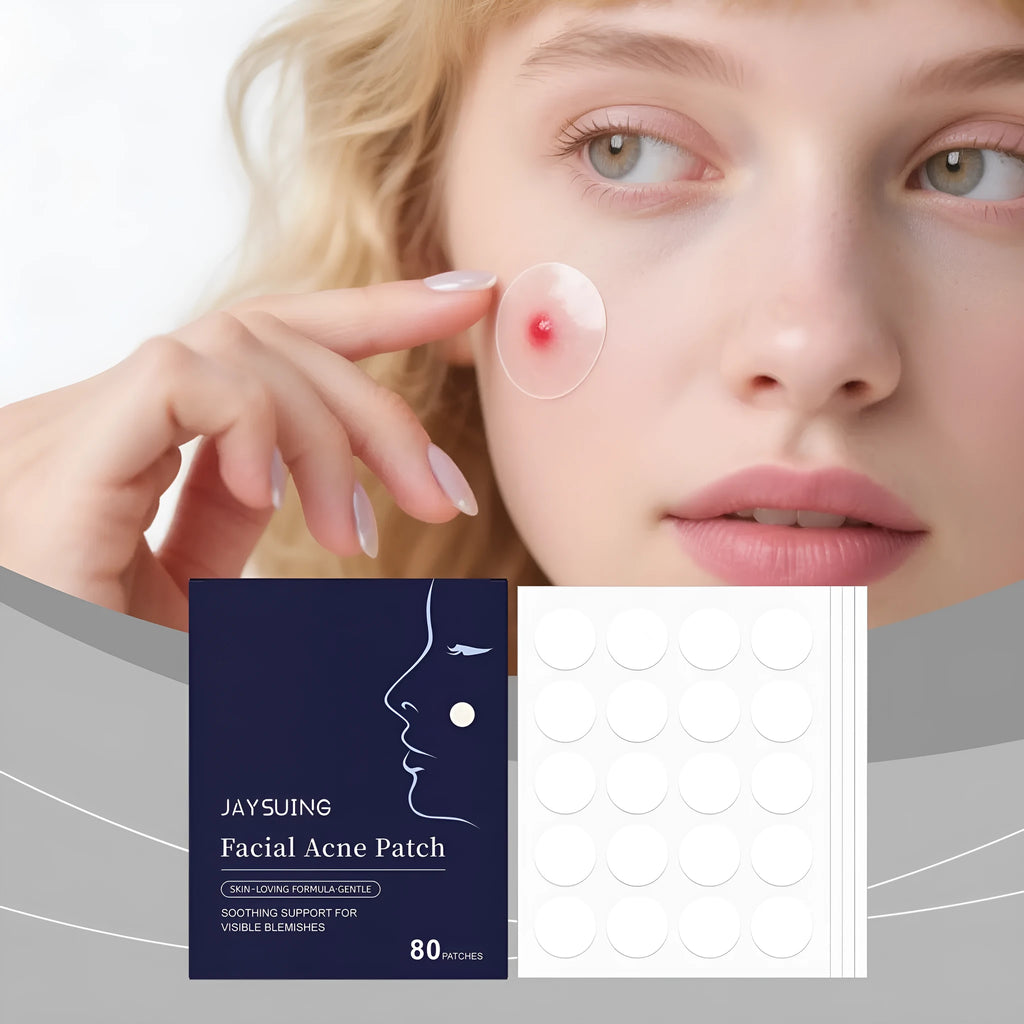 Sheet of 80 round, translucent hydrocolloid acne patches on a clear backing.