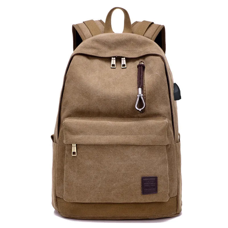 Canvas USB charging backpack in khaki colour showing front compartment and USB port.