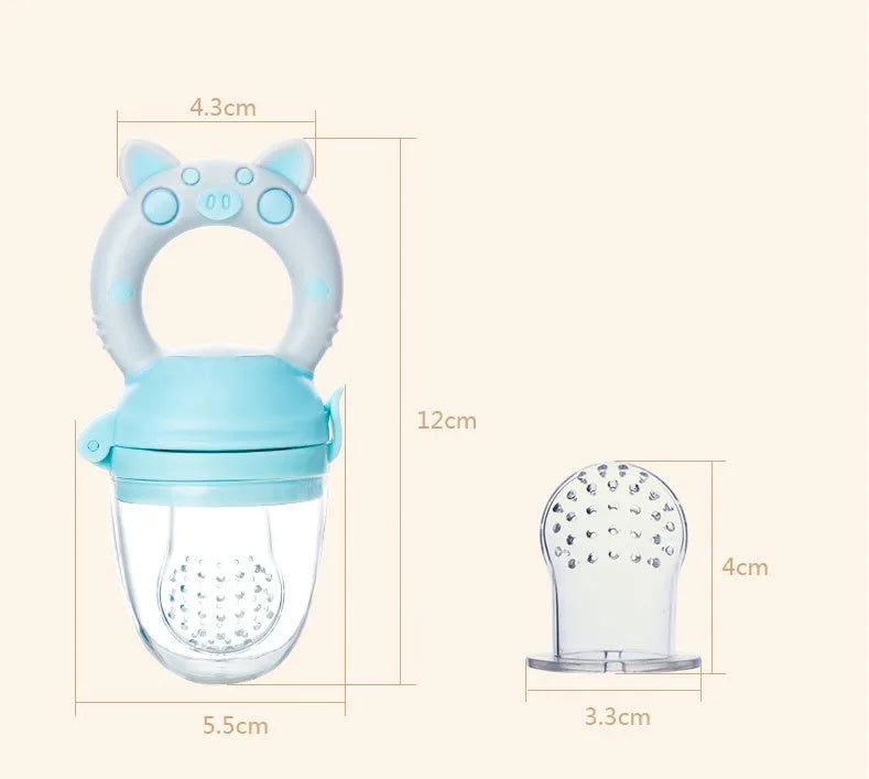 Silicone baby teether in blue, green, or pink colours with multiple mouthpiece options for infant chewing relief