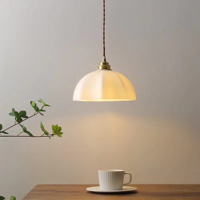 Small indoor brass droplight with copper and glass construction in Chinese style for bedside or study