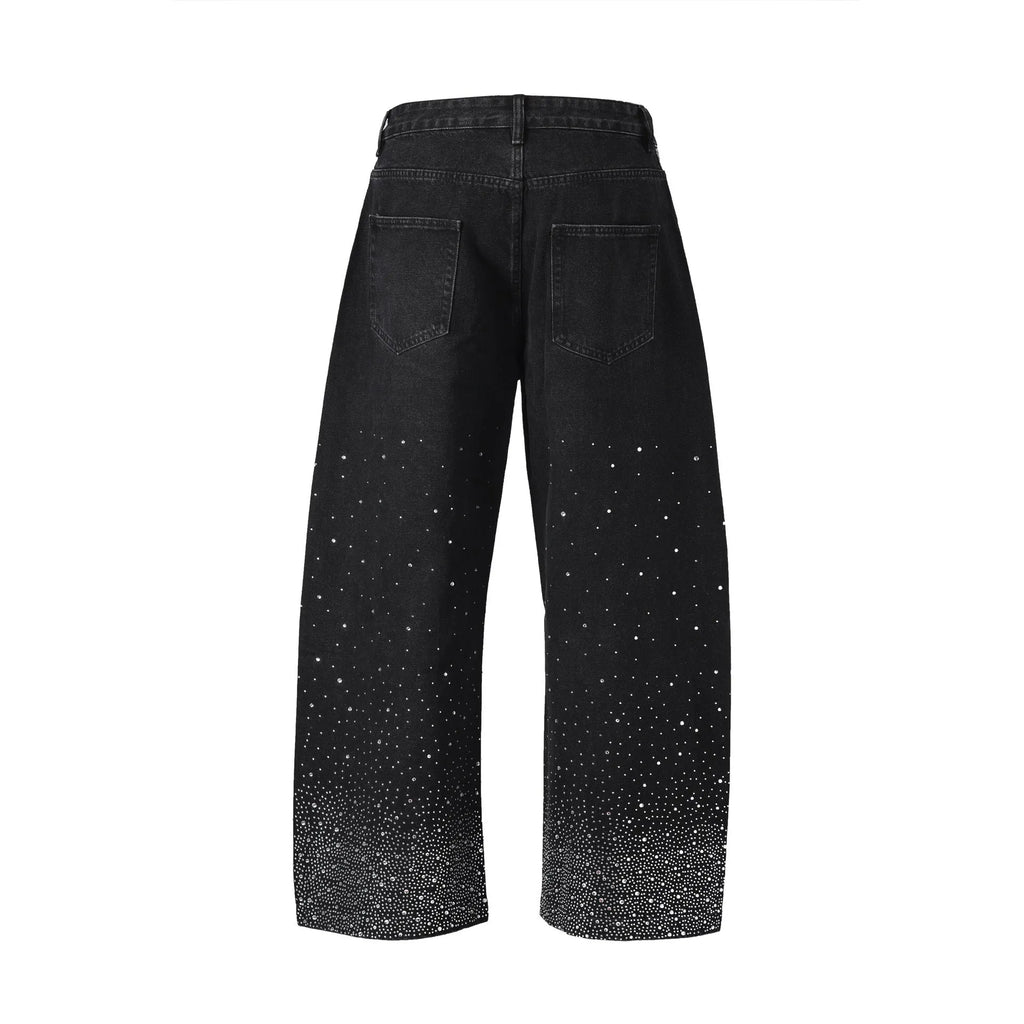 Blue and black women's loose-fitting cotton wide-leg trousers on a hanger.