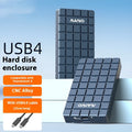 Aluminium USB4 hard disk enclosure for solid state drives, shown next to its packaging.
