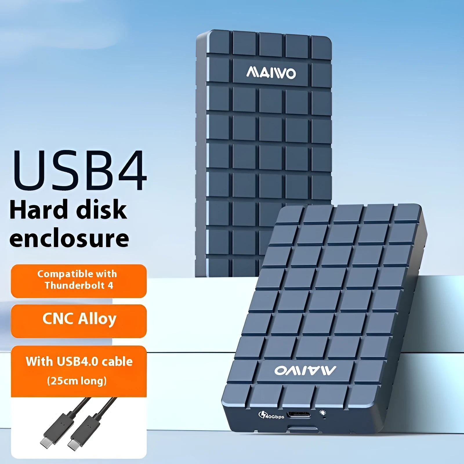 Aluminium USB4 hard disk enclosure for solid state drives, shown next to its packaging.