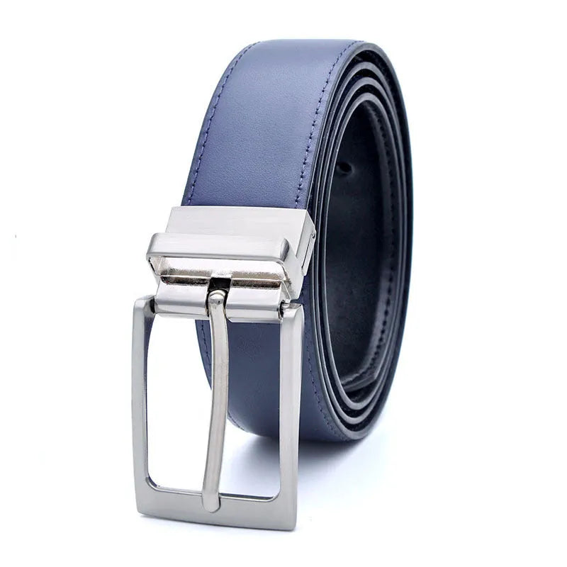Men's dark brown genuine leather belt with a silver rotating pin buckle, shown at 120cm length.