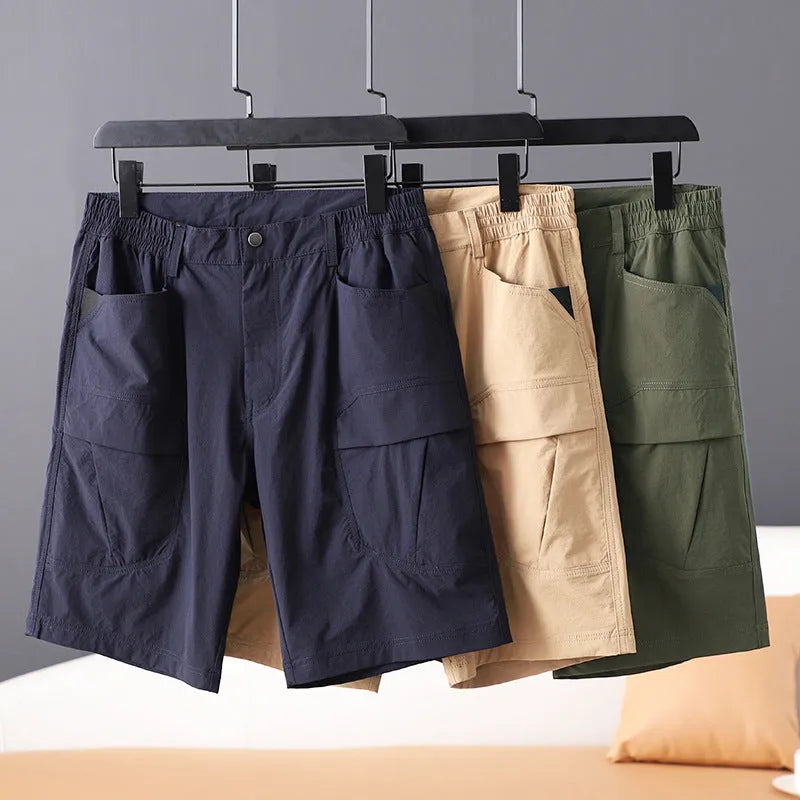 Men's summer cargo shorts with multi pockets in navy blue, khaki, or Army Green, sizes M to 5XL