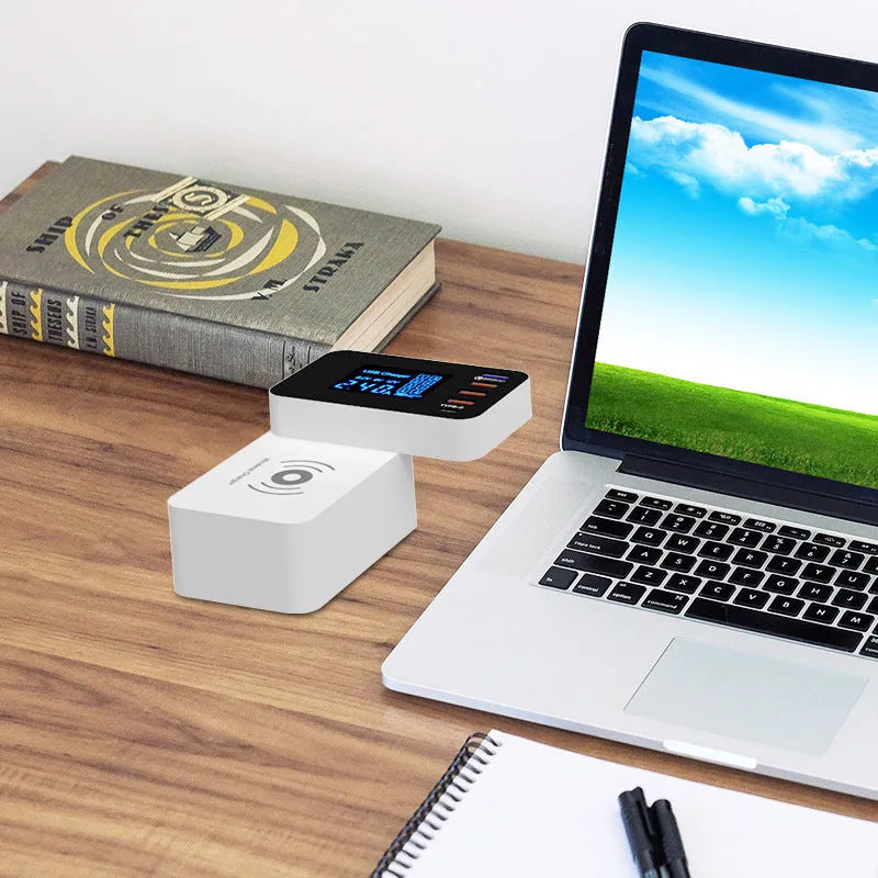 White multi USB port fast charger with wireless charging pad and interchangeable EU UK US plug adapters