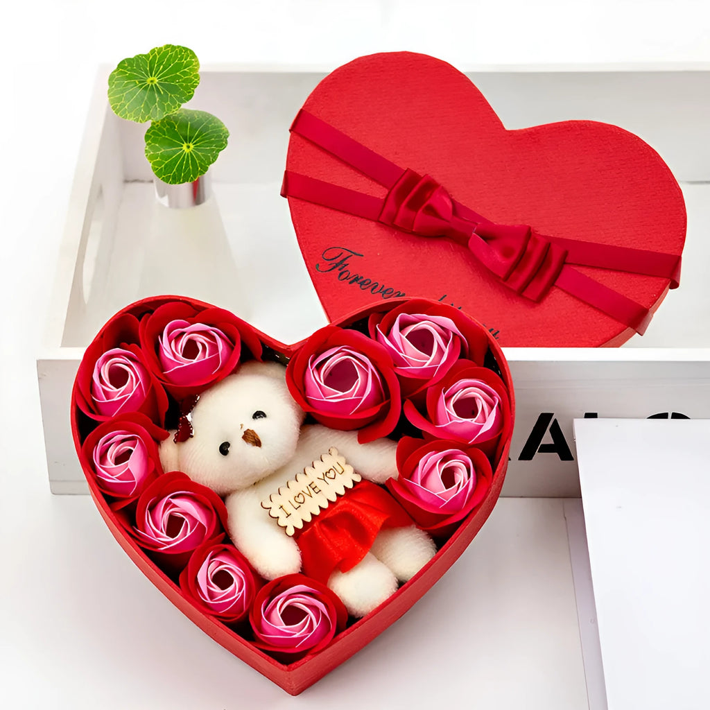 Handmade soap flower rose bouquet in a gift box, available in pink or red