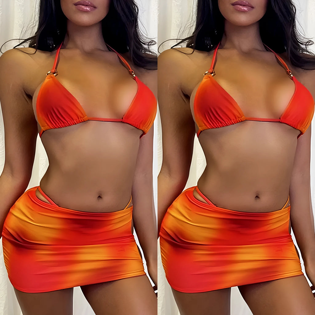 Women's three-piece tie-dye halter bikini swimwear set with gradient design