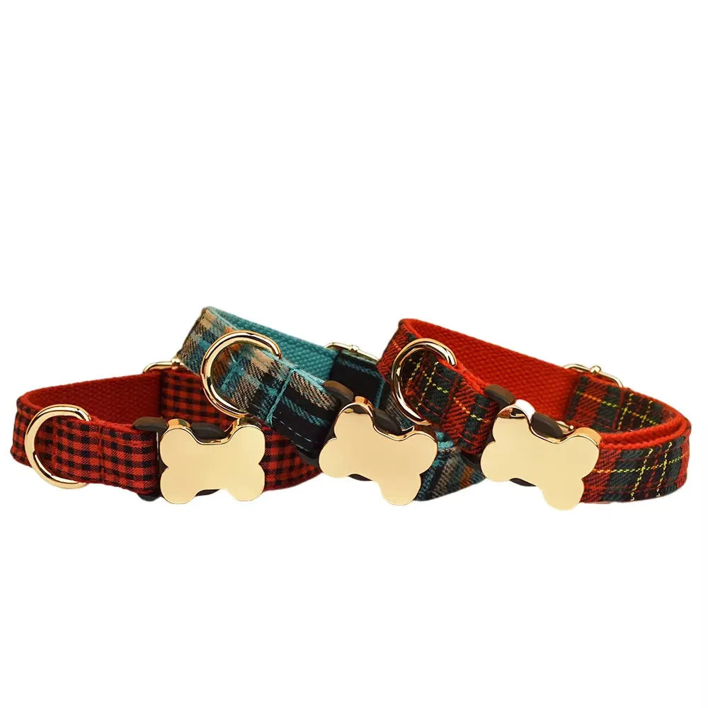 Nylon dog collar with printed grid pattern and bone-shaped buckle in multiple colour options