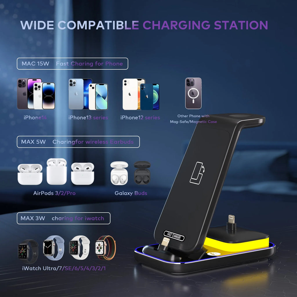 Black vertical wireless charger holding mobile phone upright with smart watch charging on base
