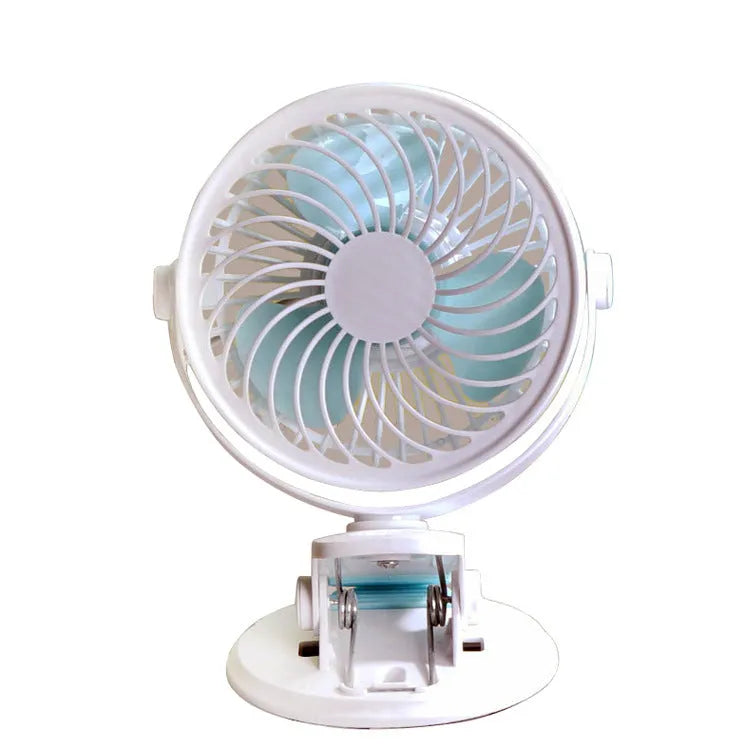 USB desktop fan with clip and floor base options showing compact 19cm design for quiet office or dormitory use