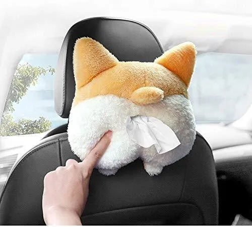 Yellow corgi butt-shaped soft pouch tissue box cover with elastic strap for car visor.