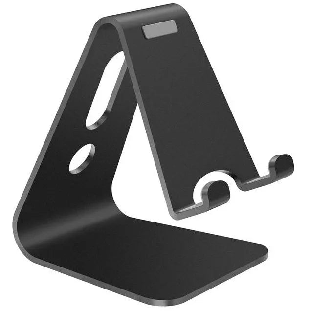 Metal universal phone and tablet stand in black, red, rose gold, and silver colours on a wooden table